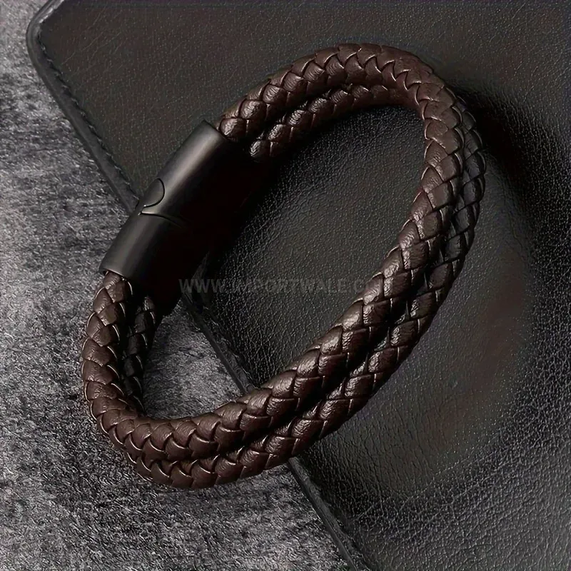 Trendy Double-Layer Braided Leather Wristband with Matte Hardware