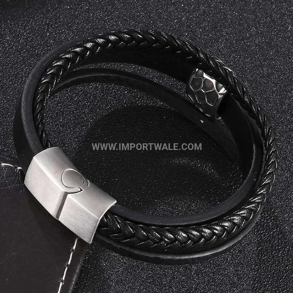 Multi Strand Woven Black Leather Stainless Steel Cuff Bracelet for Men