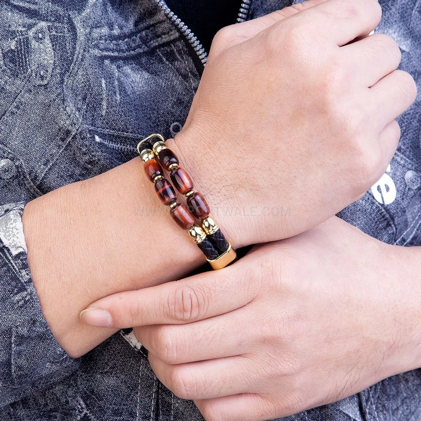 Double Layer Woven Leather and Stone Men Bracelet