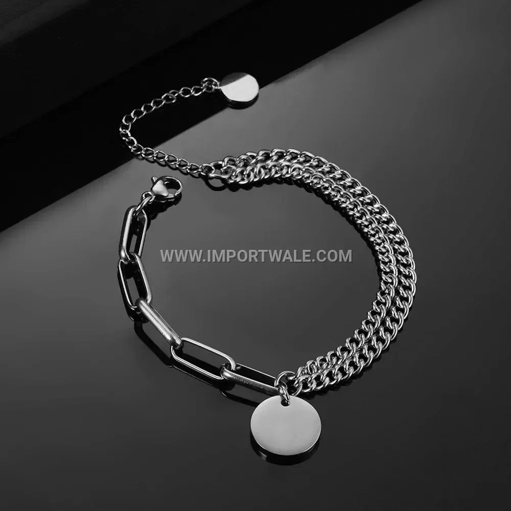 Double-Layer Stainless Steel Chain Bracelet with Disc Charm