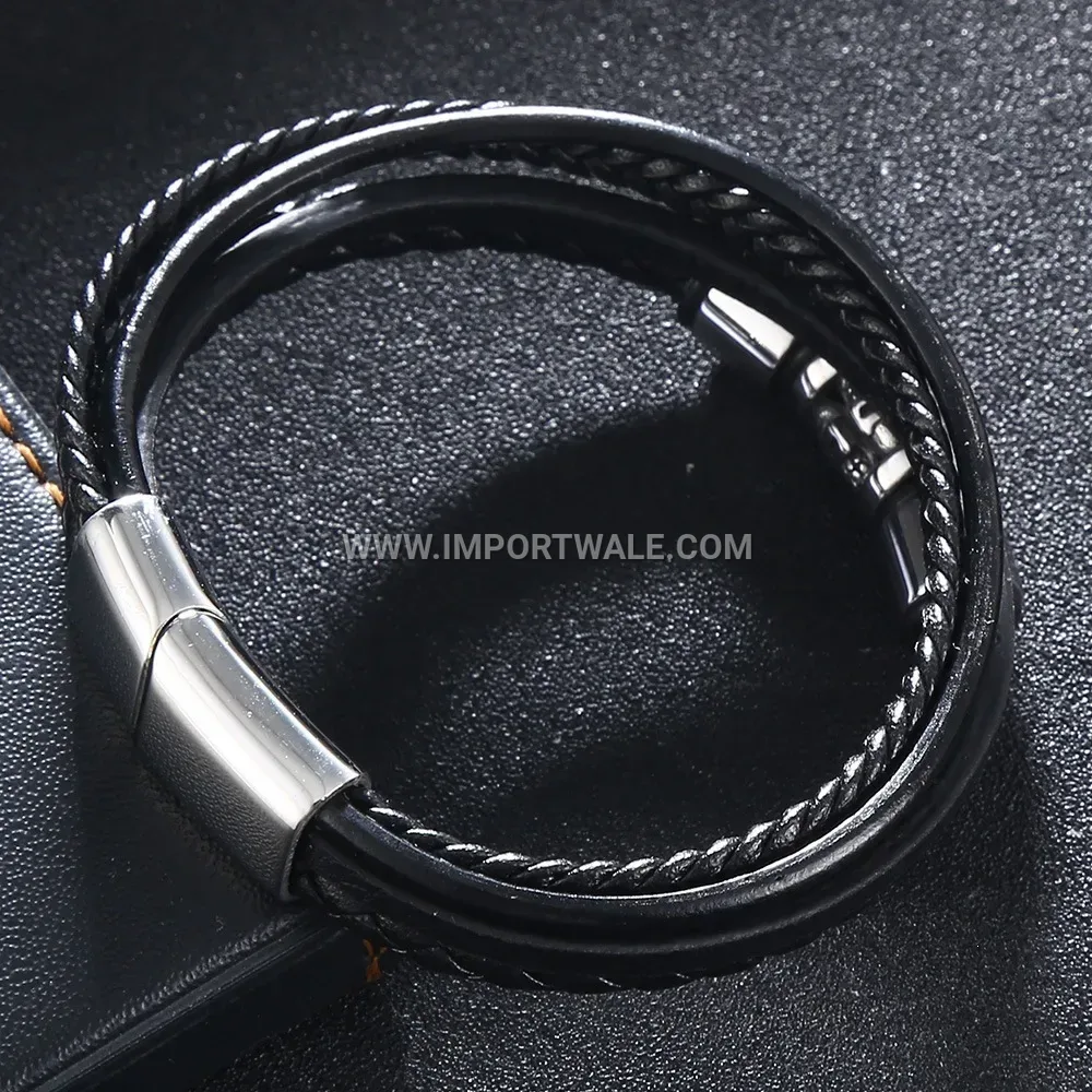 Multi-Layer Braided Black Leather Wristband with Steel Magnetic Clasp