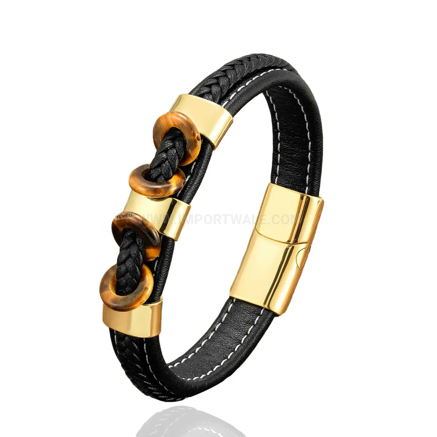 Braided Leather Stone Bead Bracelet With Stainless Steel Magnetic Clasp