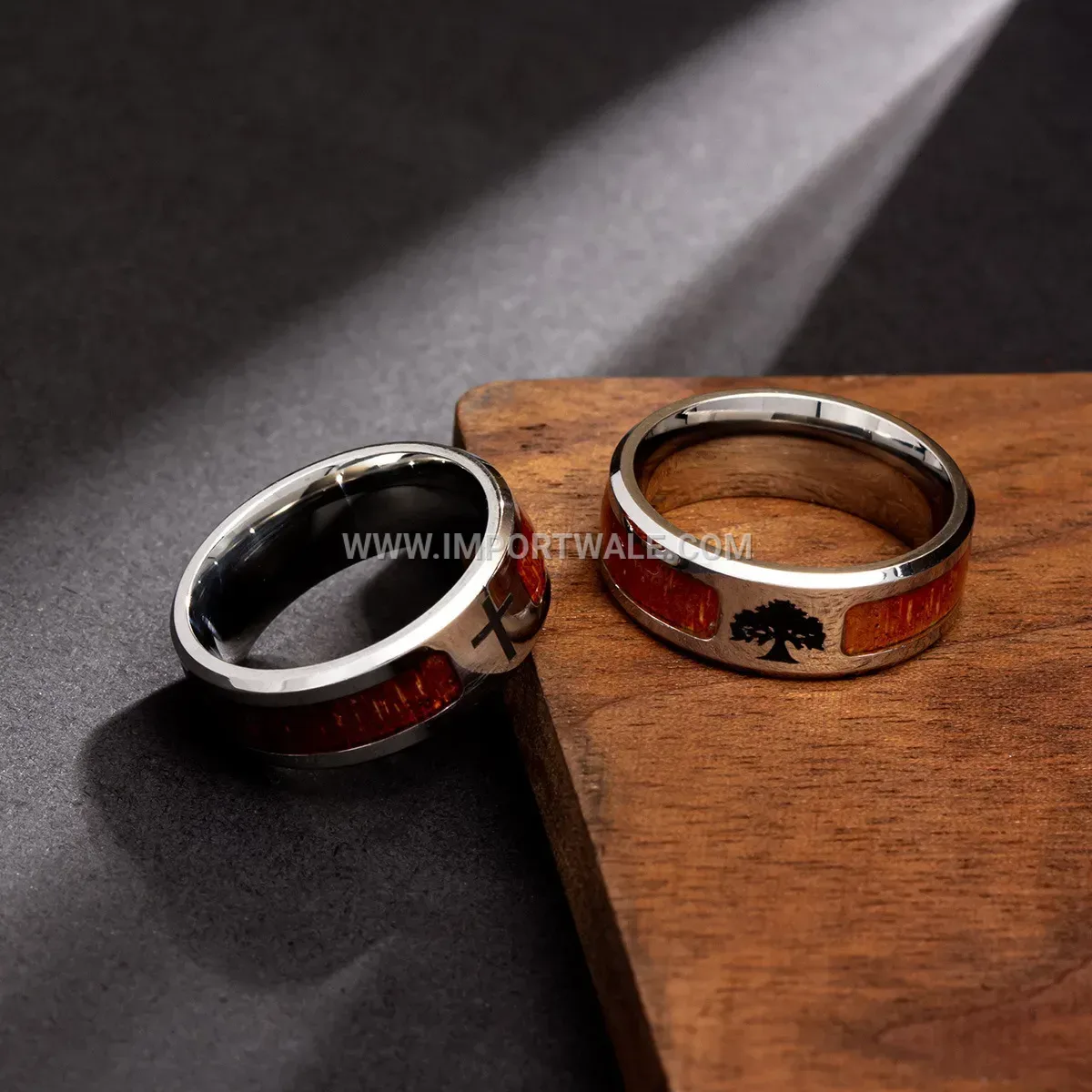 Stainless Steel Wood Grain Inlay Band Ring with Symbol Detailing