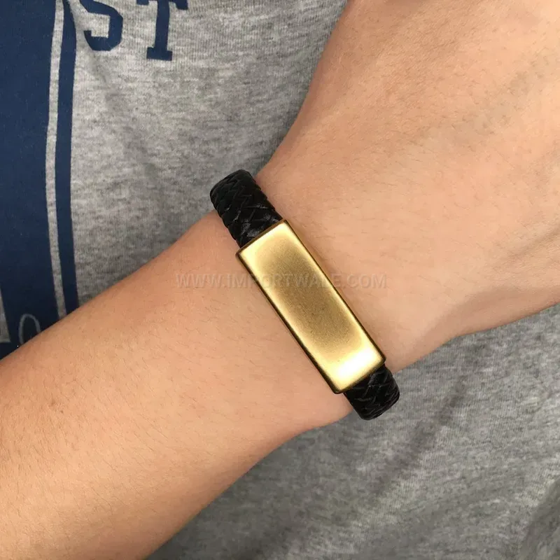 Woven Leather Braided Cuff Bracelet With Stainless Steel Accents