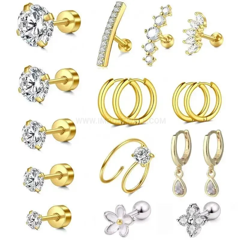 Modern Sparkling Zircon Leaf Stainless Steel Cartilage Stud Earring Set