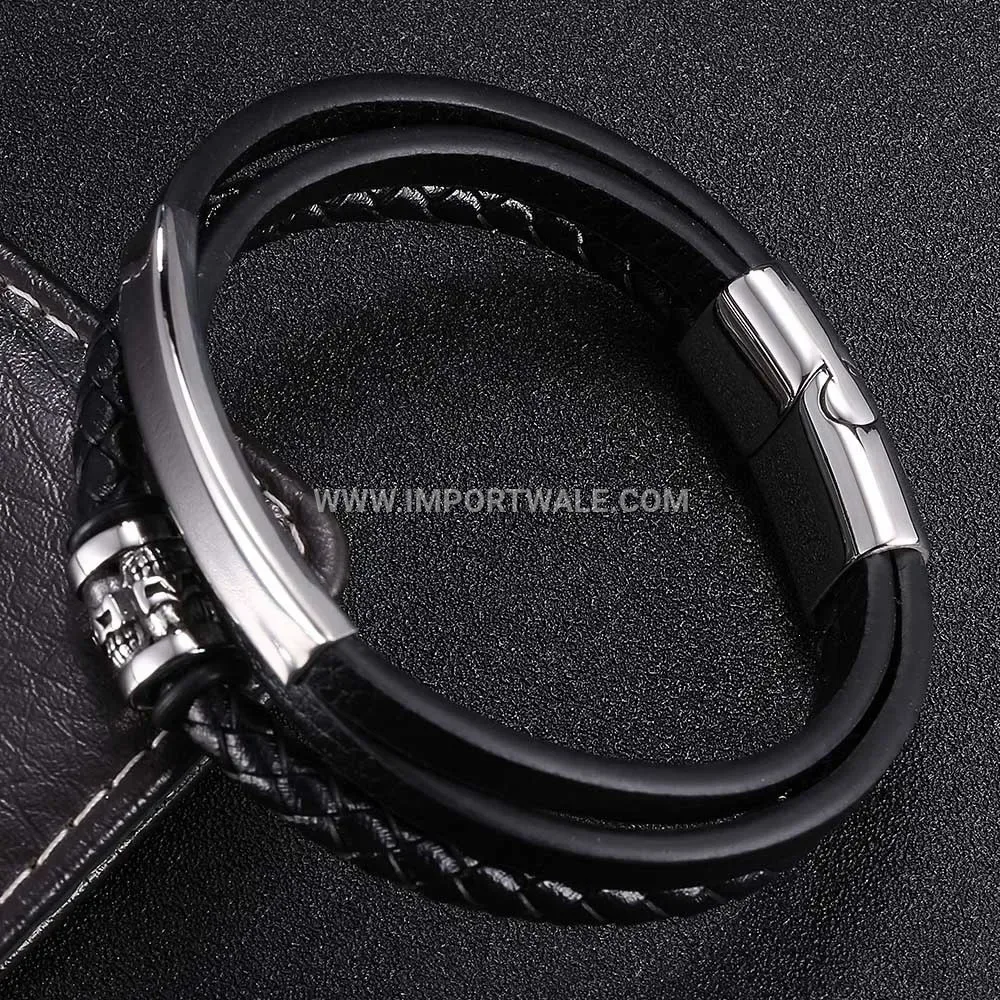 Multi Layer Braided Genuine Leather Wristband with Steel Clasp