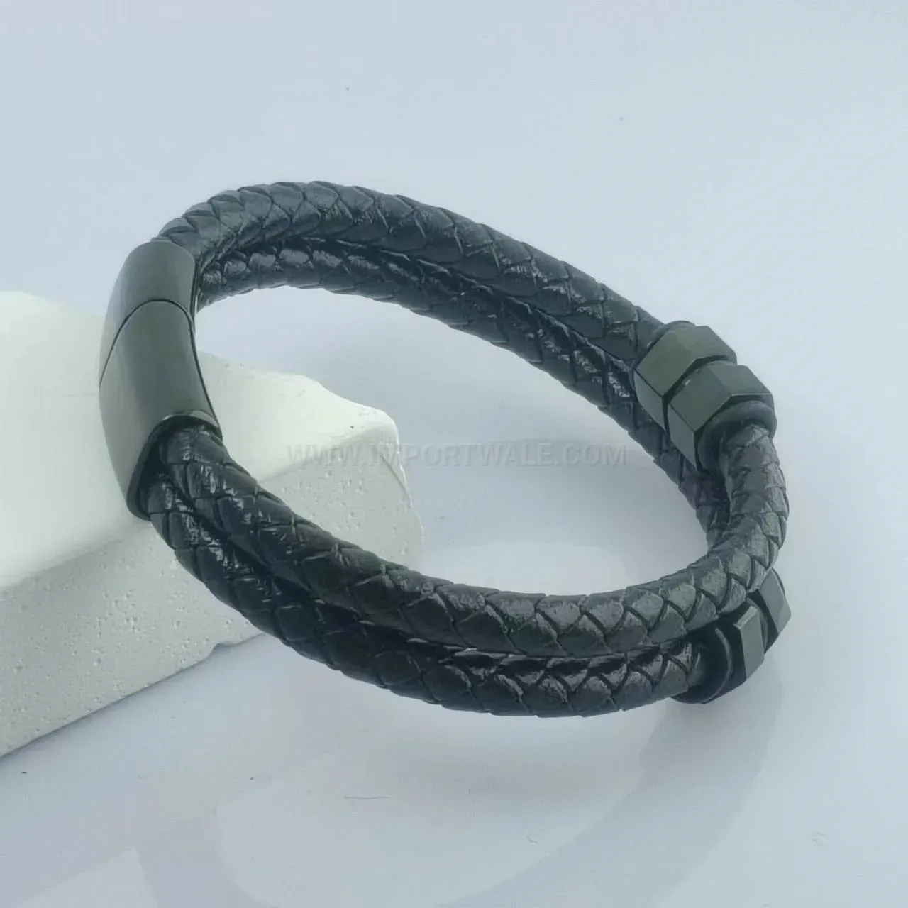 Double-Layer Braided Leather Bracelet with Magnetic Stainless Steel Clasp