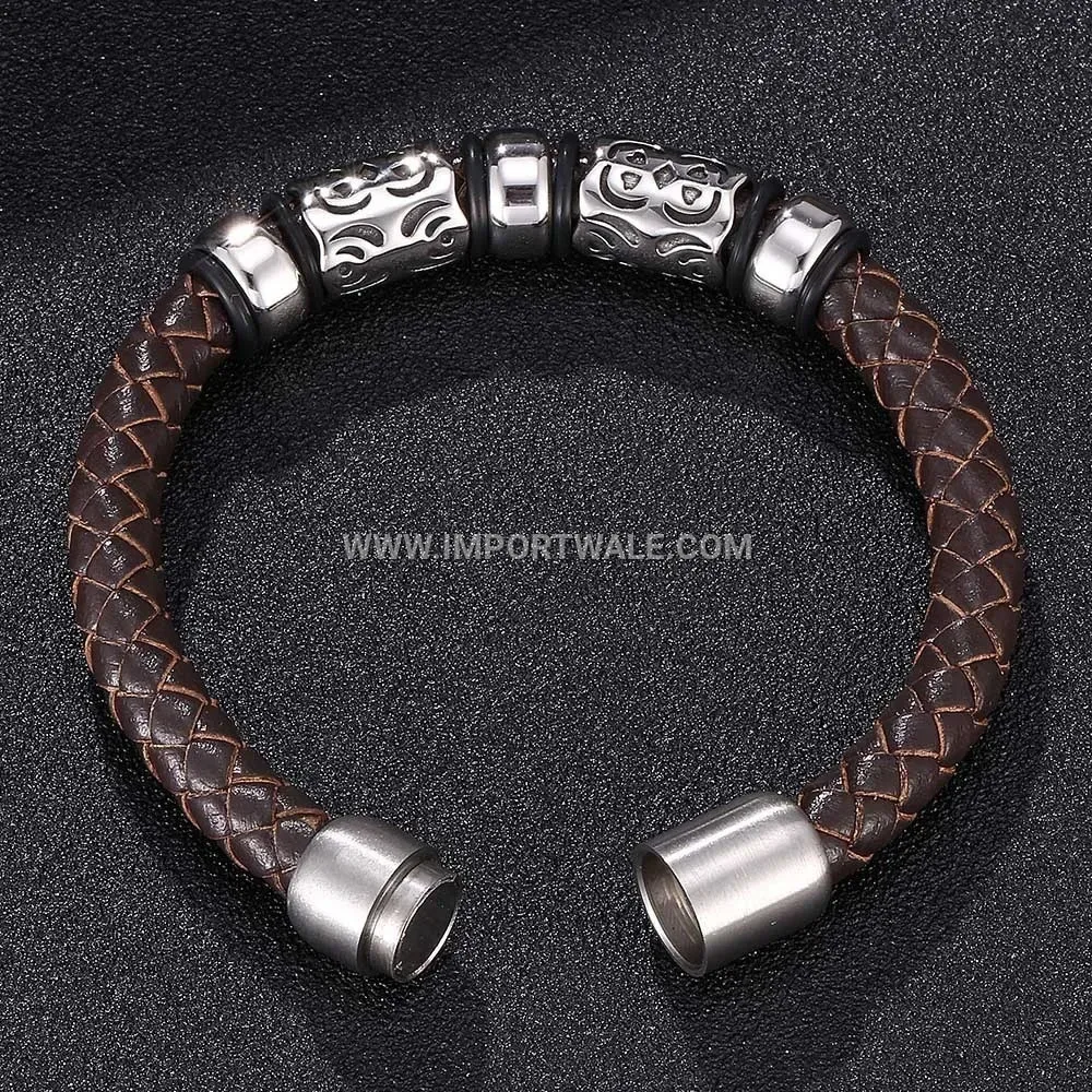 Vintage Braided Brown Leather Stainless Steel Accent Bracelet for Men