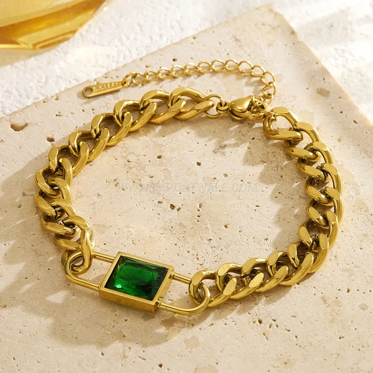 Stainless Steel Square Lock Bracelet with Green Zircon
