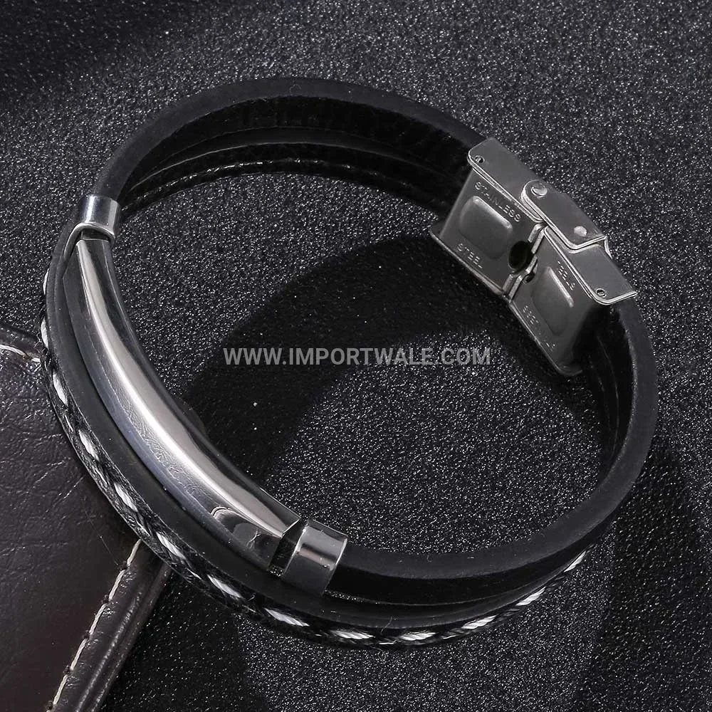 Sleek Black Leather Strap Bracelet Curved Stainless Steel Tube Bar