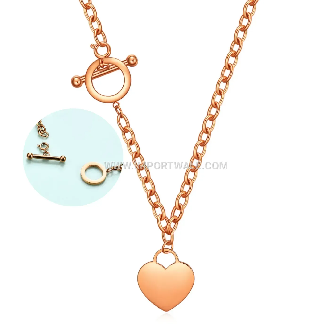 Polished Stainless Steel Heart Pendant Toggle Clasp Necklace