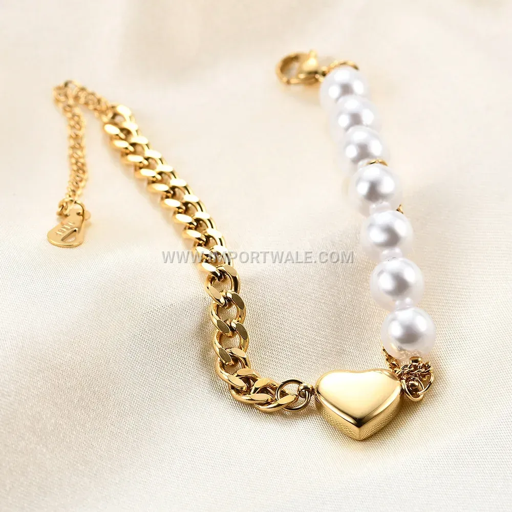 Stainless Steel Heart Charm Cuban Chain Pearl Bracelet