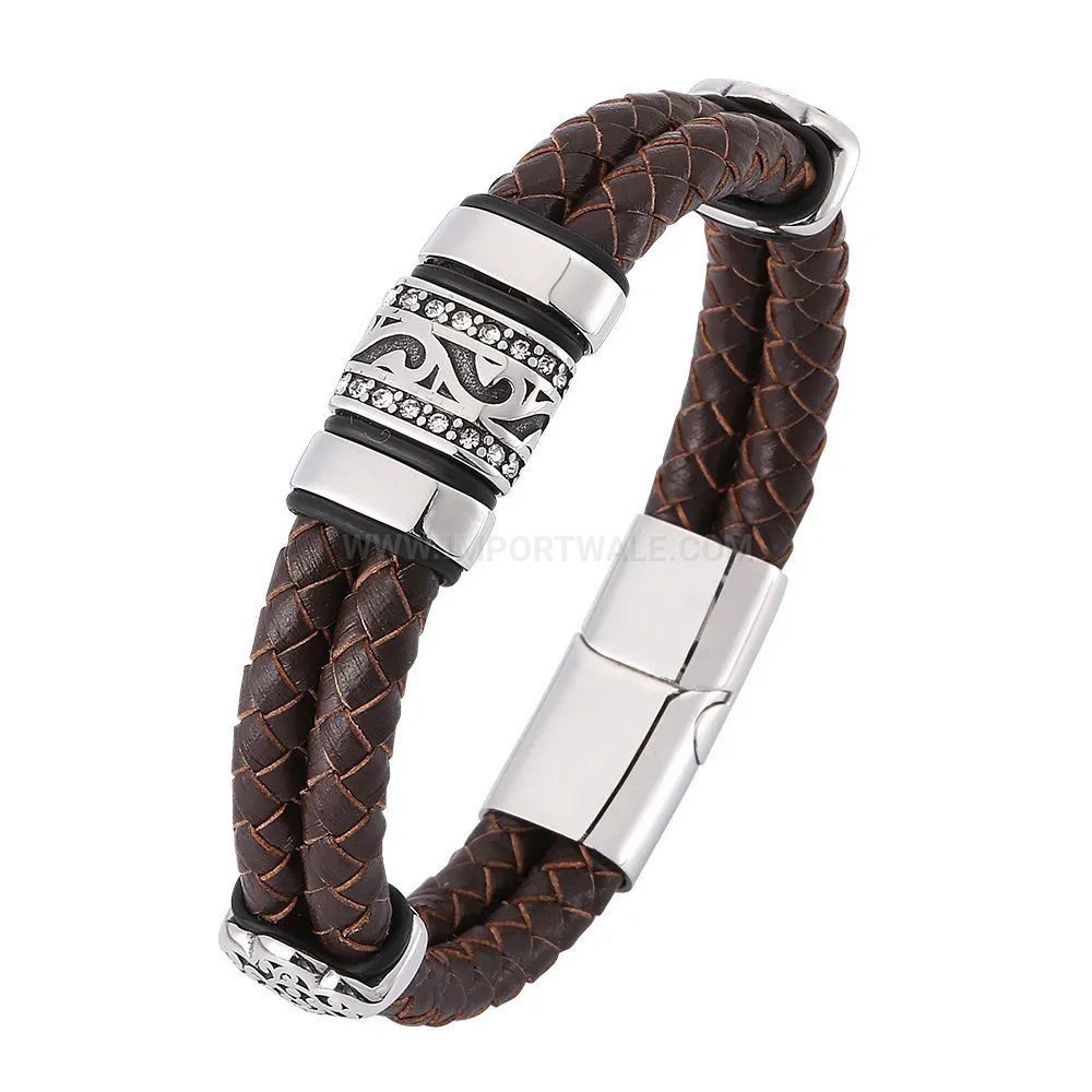 Bold Double-Strand Woven Brown Leather Bracelet with Stainless Steel Clasp