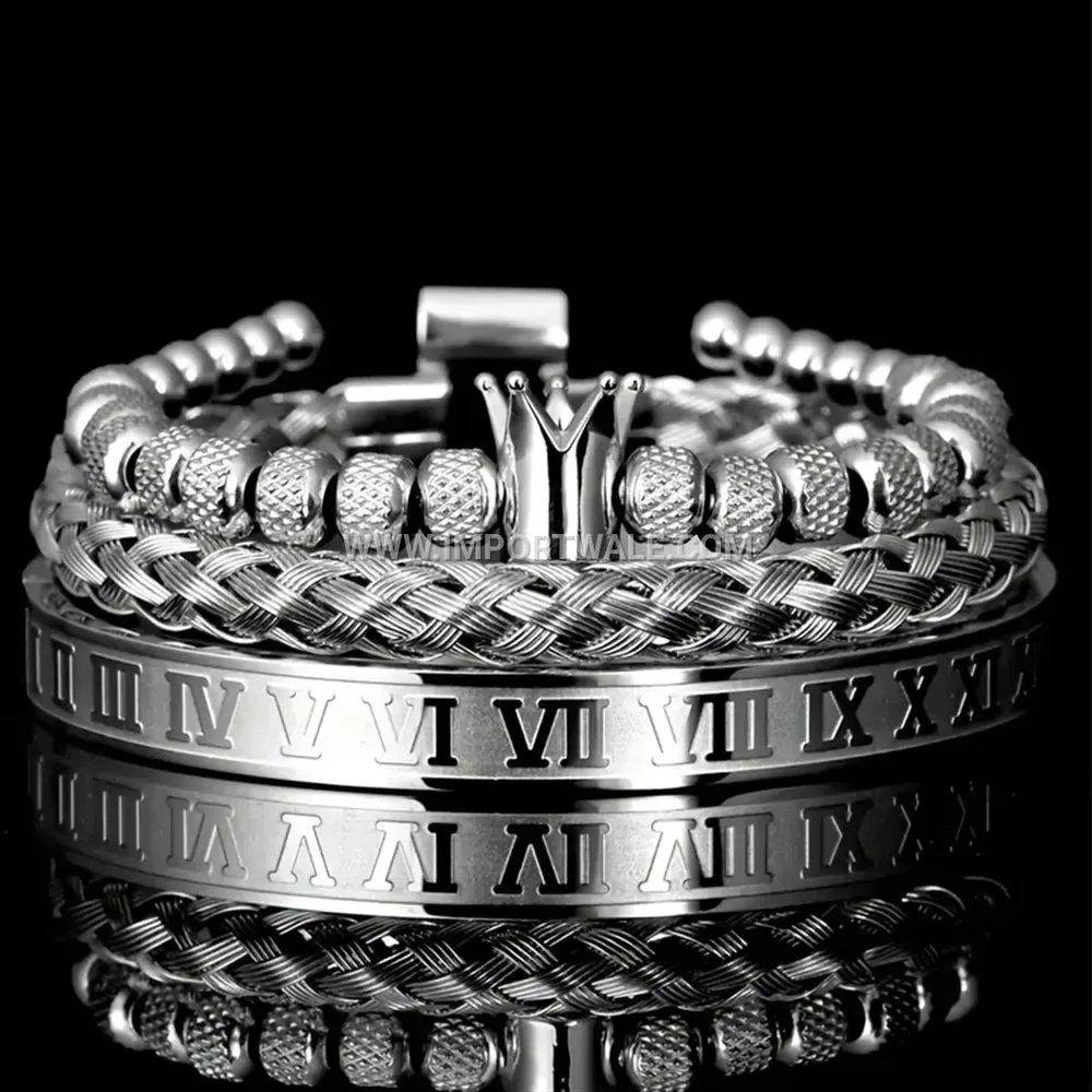 Woven Stainless Steel Bangle Bracelet Set With Crown Motif