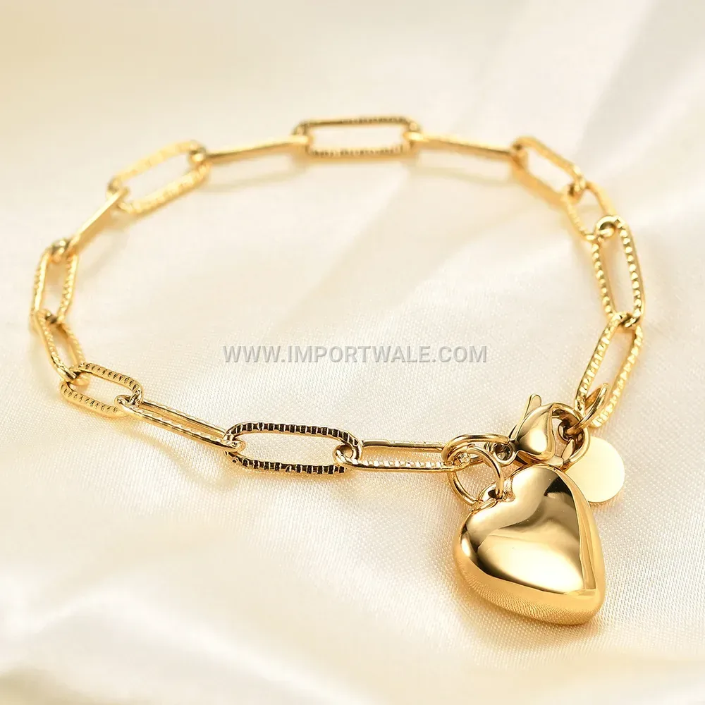 Stainless Steel Paperclip Link Bracelet With Heart Disc Charm