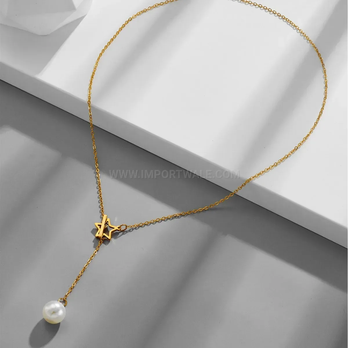 Fashion Gold Plated Titanium Steel Shell Pearl Star OT Buckle Necklace