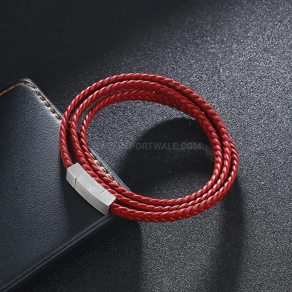 Double Wrap Braided Leather Stainless Steel Men Bracelet
