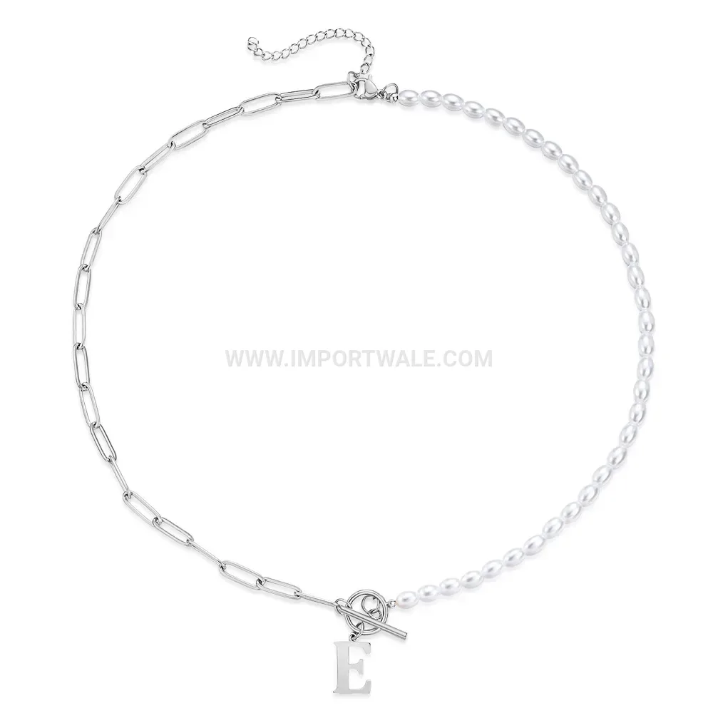 Stainless Steel Initial Letter Pearl Paperclip OT Toggle Clasp Necklace