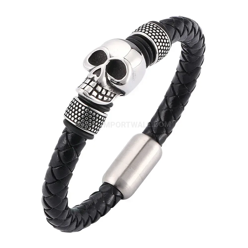 Stainless Steel Skull Leather Cord Charm Bracelet