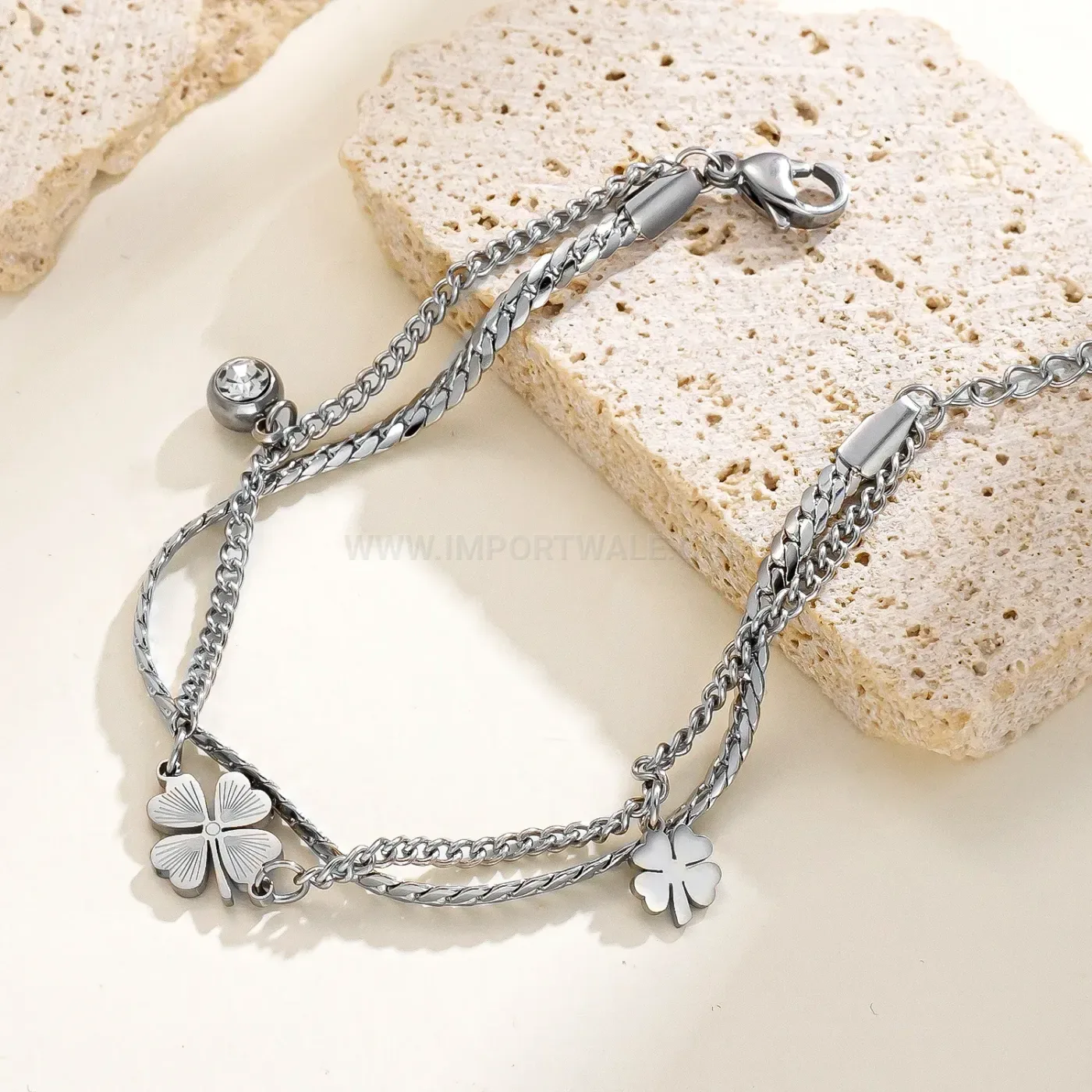 Double Layer Stainless Steel Four Leaf Clover Bracelet