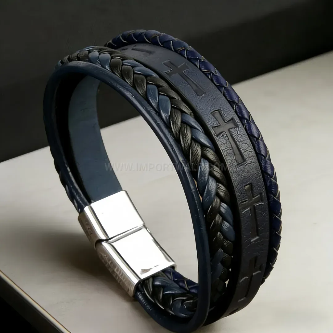 Stylish Multi-Layer Woven Leather Bracelet with Patterned Cross Charm