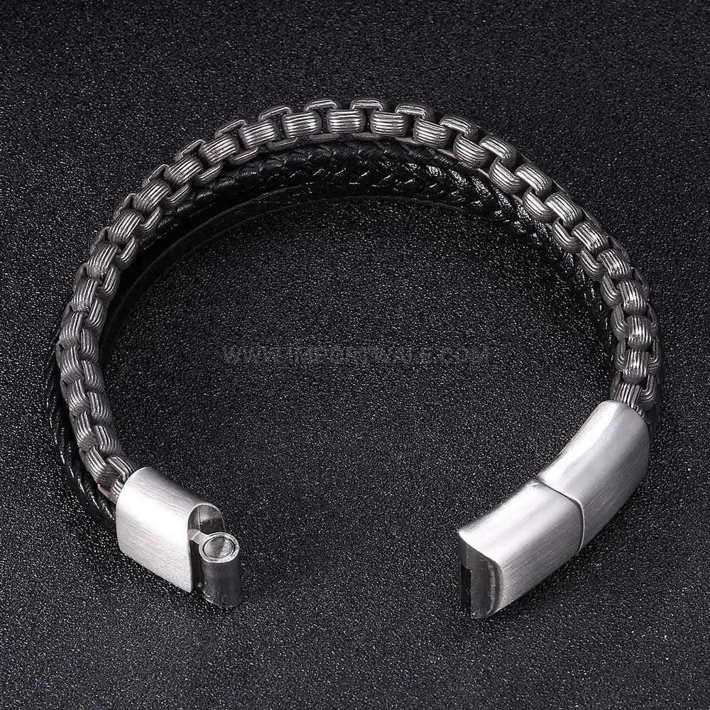 Braided Leather Layered Wristband with Plated Stainless Steel Clasp