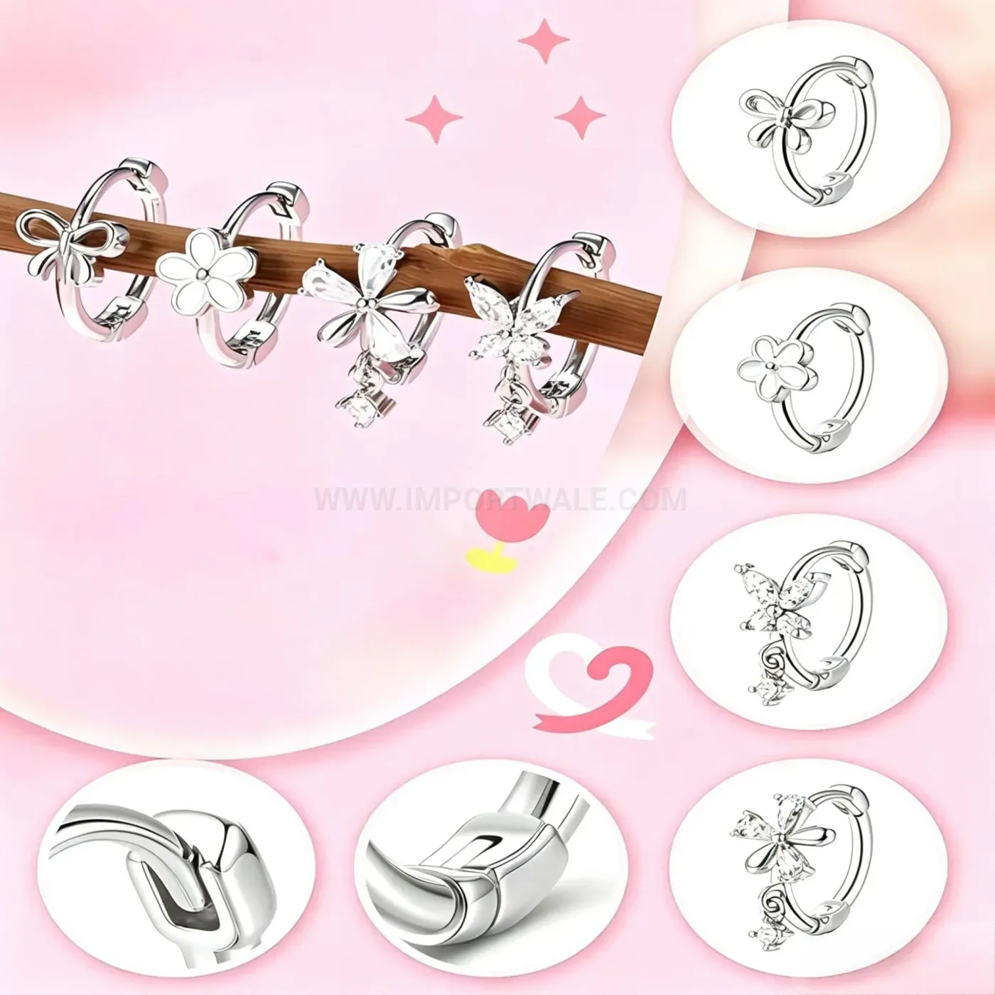 Stylish Stainless Steel Bow Floral Celestial Piercing Stud Earring Set
