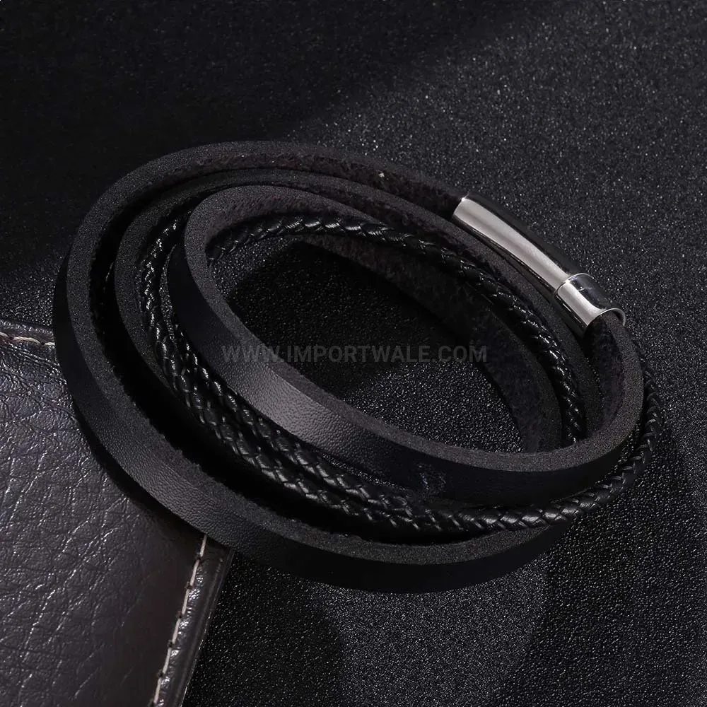 Braided Leather Multi-Layer Bracelet with Stainless Steel Snap Buckle