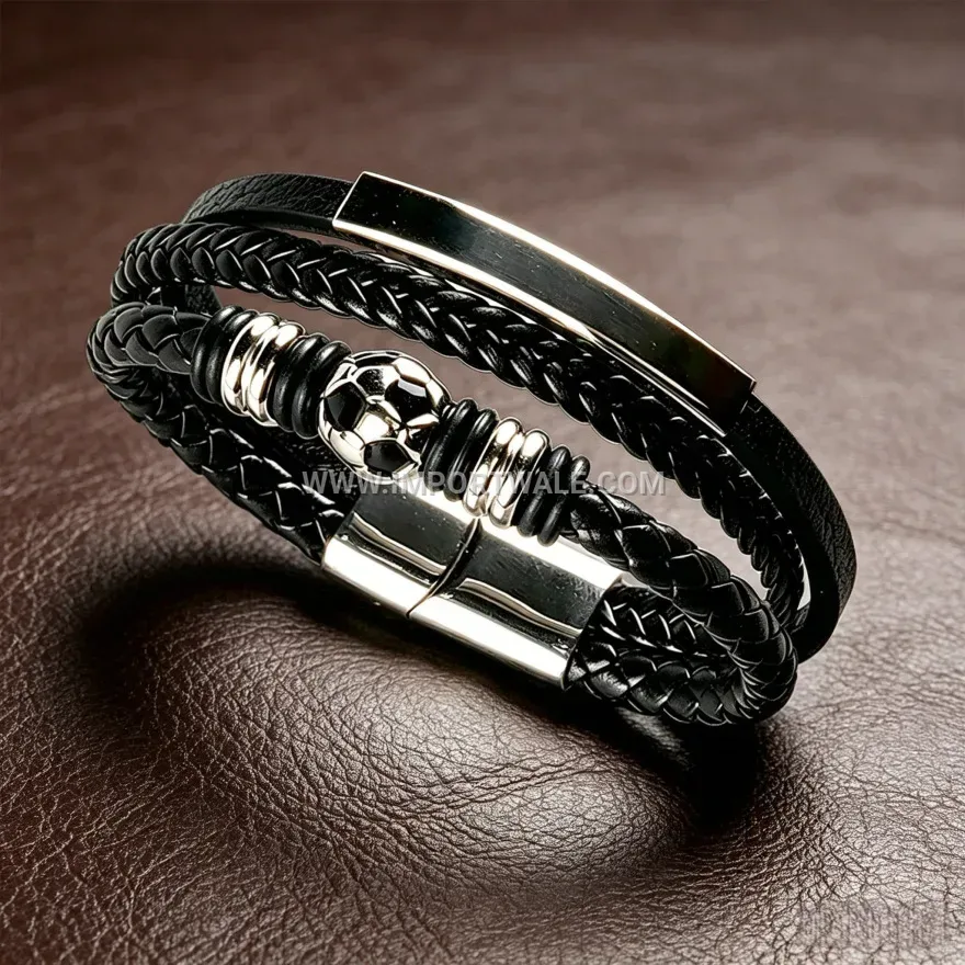 Braided Leather Football Charm Bracelet with Alloy Magnetic Clasp