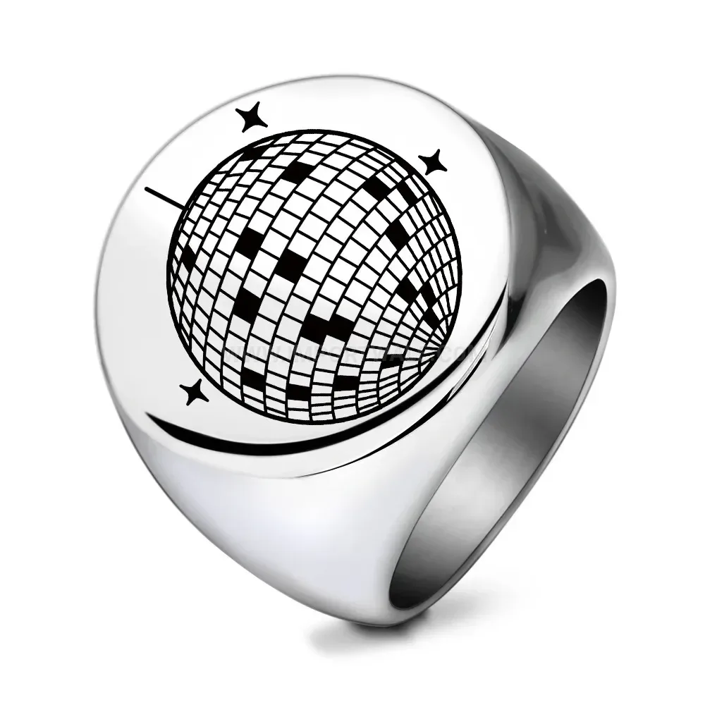 Fashion Laser Engraved Globe Stainless Steel Signet Ring