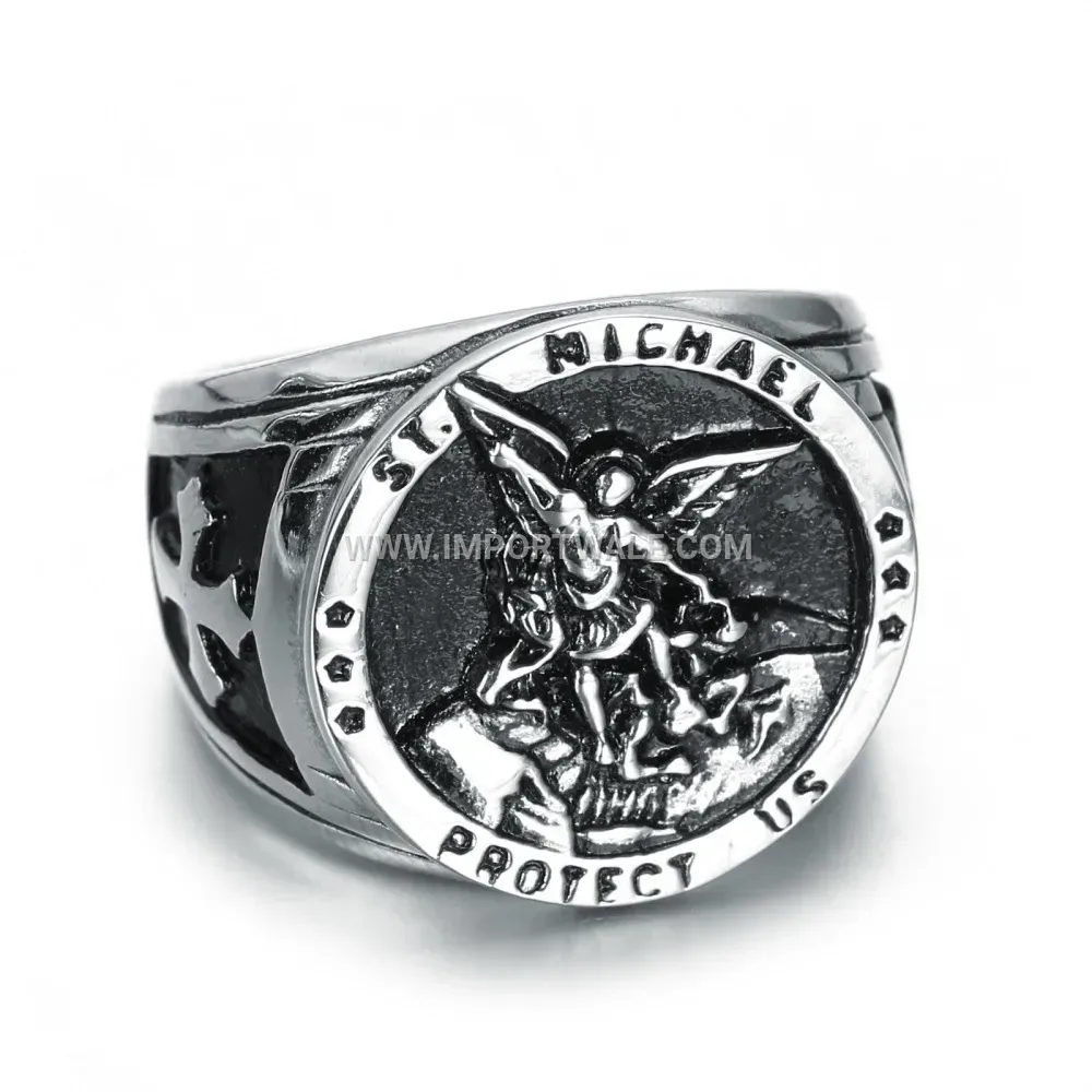 Men Vintage Saint Michael Cross Stainless Steel Ring