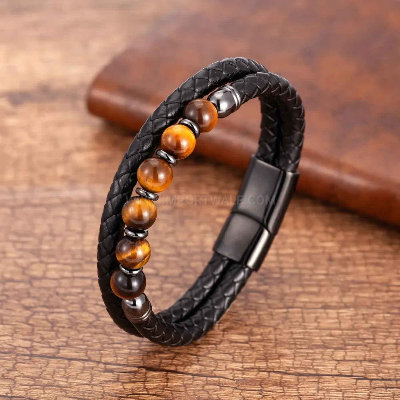 Tiger Eye Natural Stone Bead Leather Cord Bracelet Magnetic Stainless Clasp