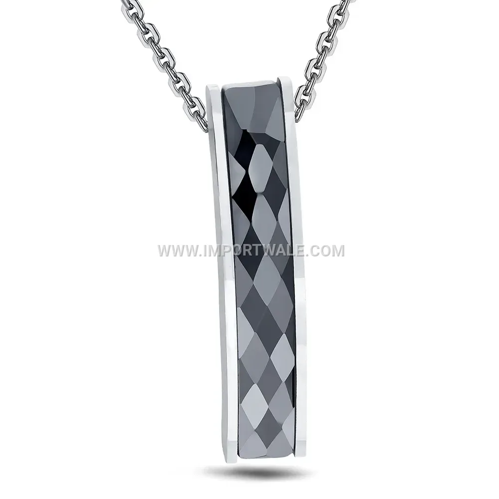 Faceted Black Ceramic Rhombus Stainless Steel Necklace