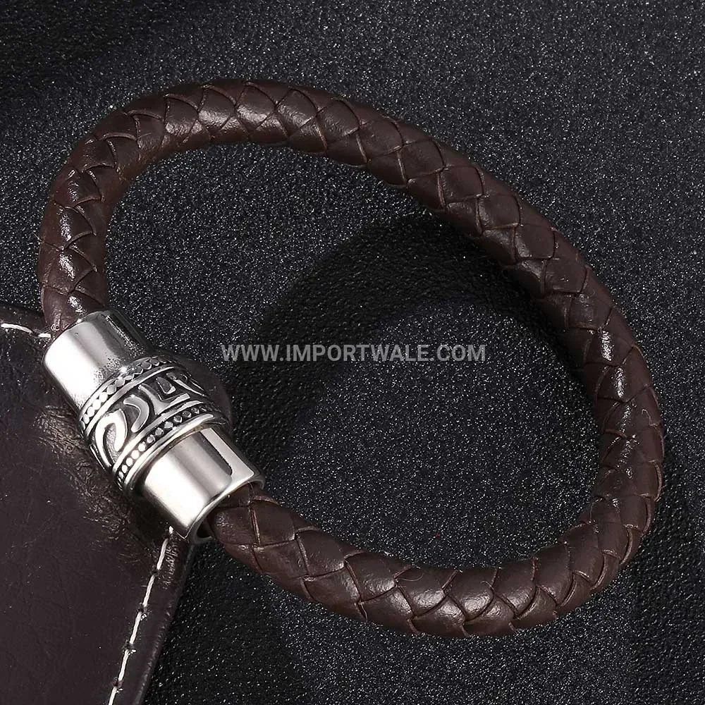 Braided Leather Wristband with Vintage Stainless Steel Magnetic Clasp