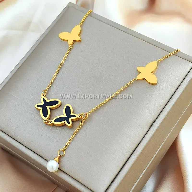 Faux Pearl Butterfly Charm Chain Anklet in Gold Tone Stainless Steel