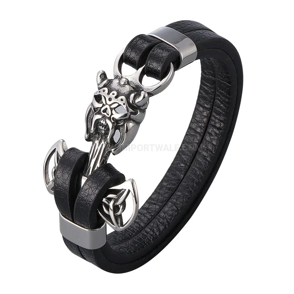 Vintage Skull Stainless Steel Braided Leather Bangle