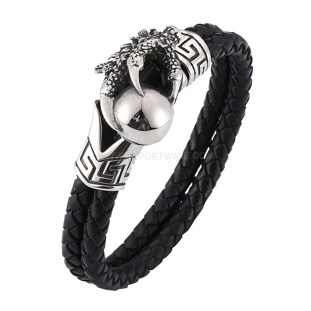 Woven Leather Dragon Claw Accent Stainless Steel Bracelet