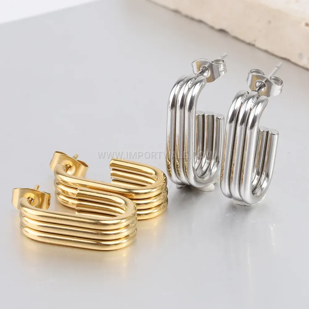 Triple Band U Shaped Stainless Steel Hoop Earrings