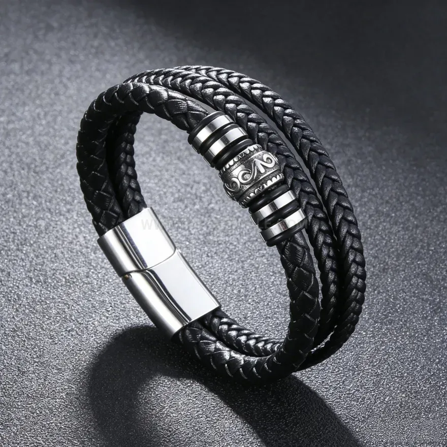 Modern Braided Leather Wrap Bracelet with Carved Alloy Magnetic Clasp