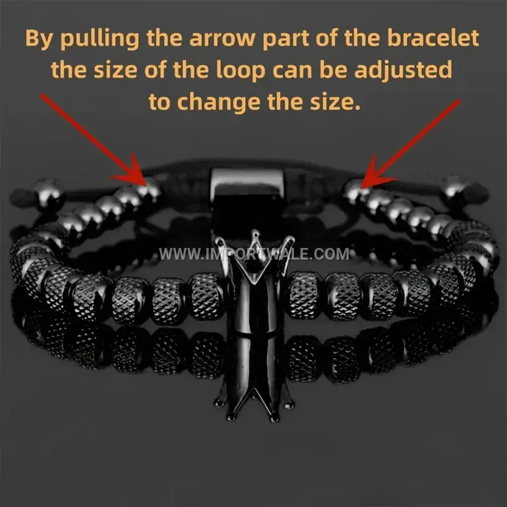 Woven Stainless Steel Bangle Bracelet Set With Crown Motif
