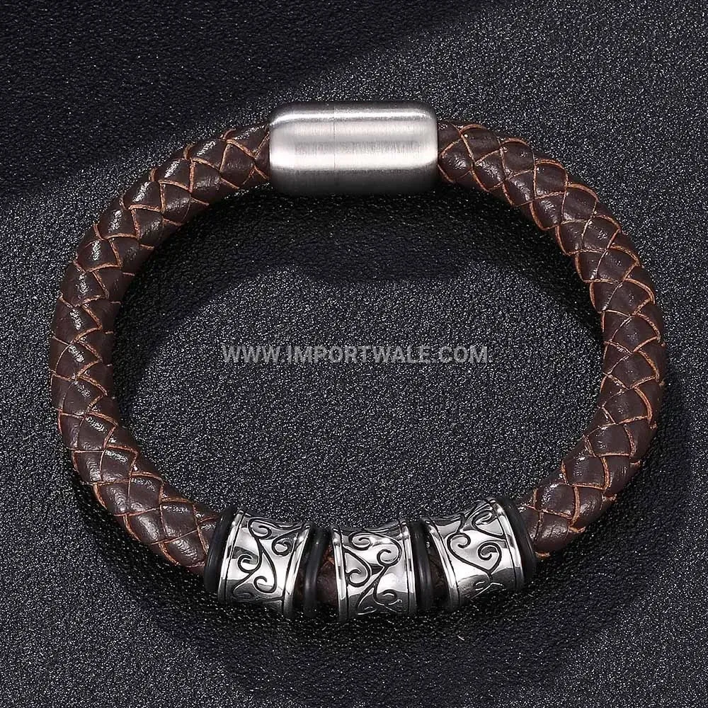 Minimalist Brown Leather Stainless Steel Magnetic Clasp Men Bracelet