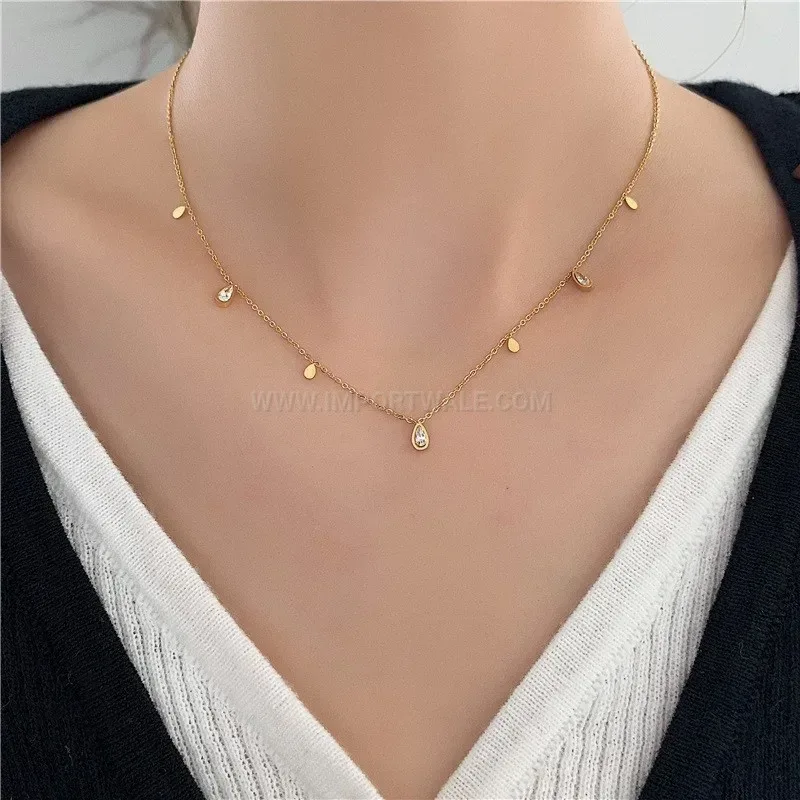 Classic Teardrop Zircon Tassel Pendant Titanium Steel Necklace