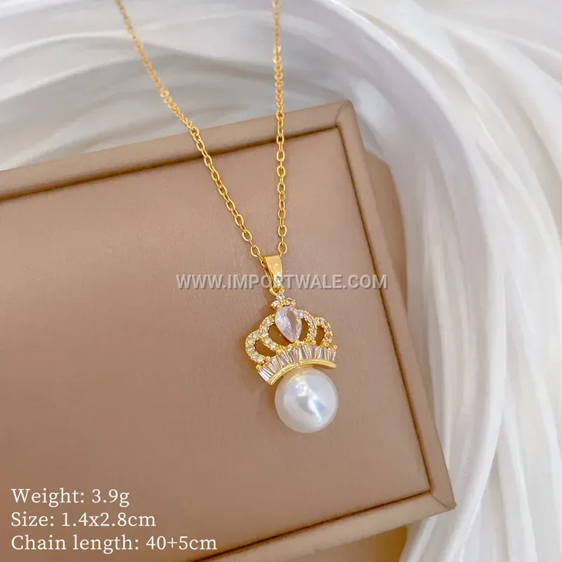 18K Gold Plated Stainless Steel Zircon Pearl Pendant Necklace