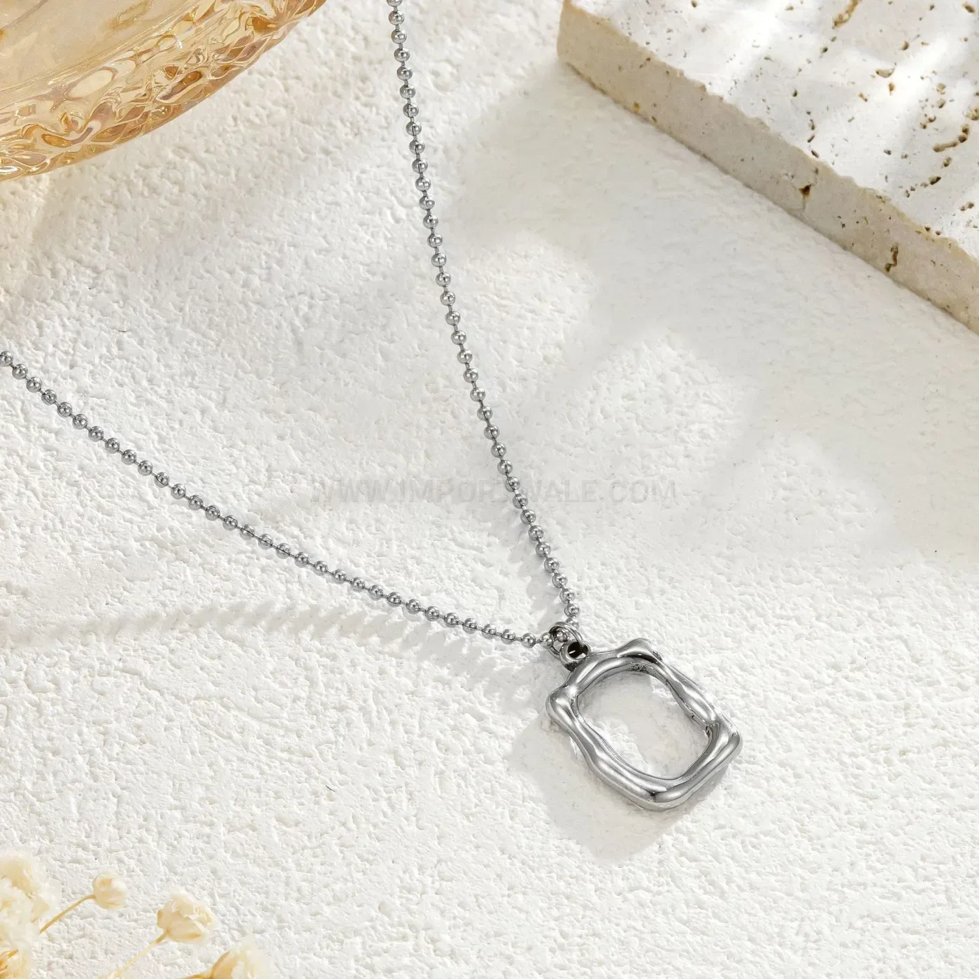 Textured Hollow Rectangular Frame Stainless Steel Pendant Necklace