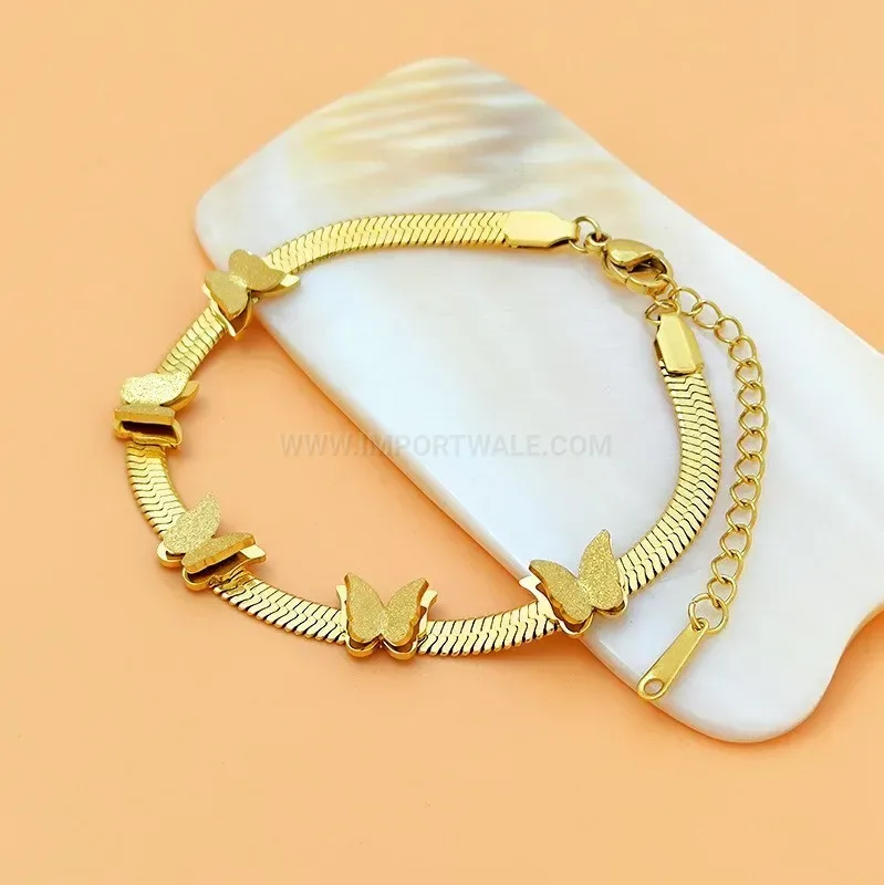 Stainless Steel Gold Butterfly Charm Snake Chain Bracelet