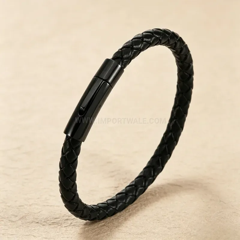 Modern Minimalist Titanium Steel Magnetic Clasp Woven Leather Bracelet