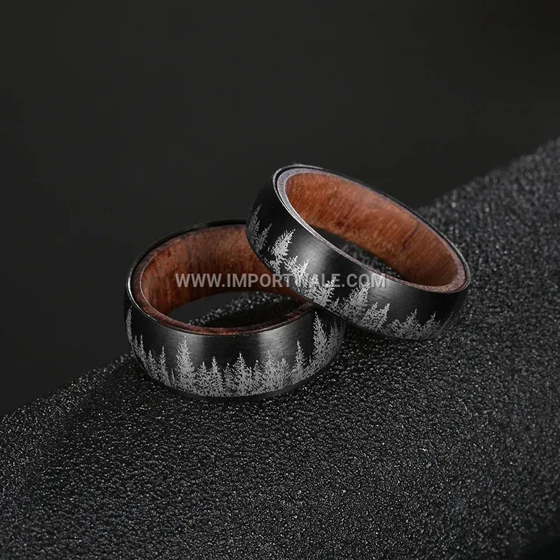 Laser Etched Wolf Stainless Steel Ring With Wood Inlay