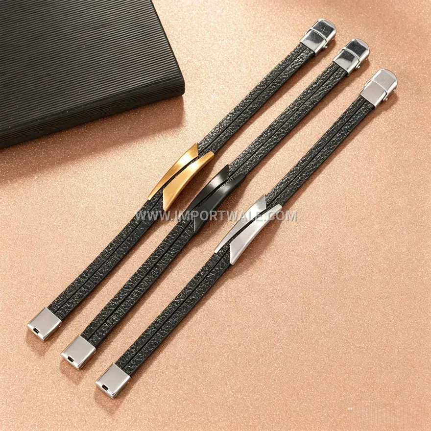 Men's Woven Leather Stainless Steel Adjustable Bracelet