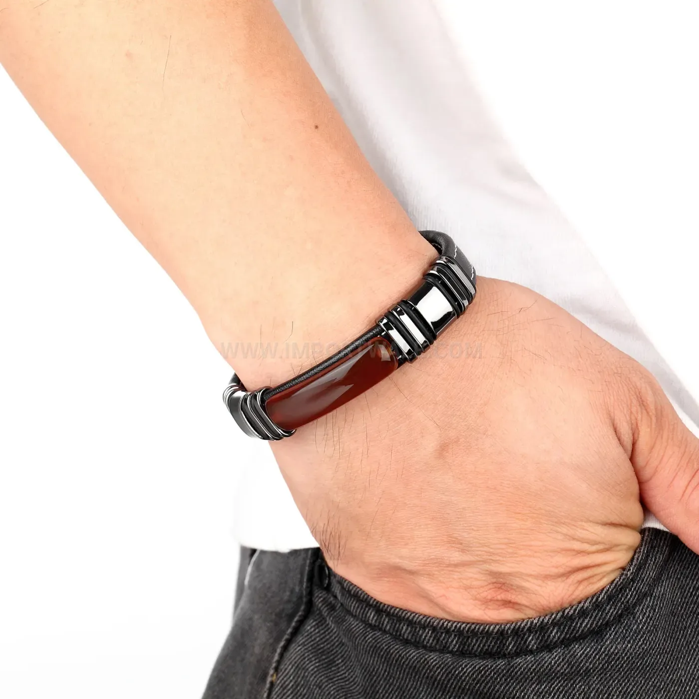Men Retro Leather Rope Stone Bracelet Stainless Steel Clasp