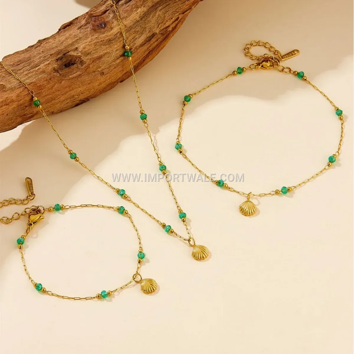 Gold Plated Stainless Steel Green Stone Shell Anklet